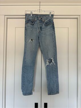 Levi's light blue denim 501® jeans with leather patch